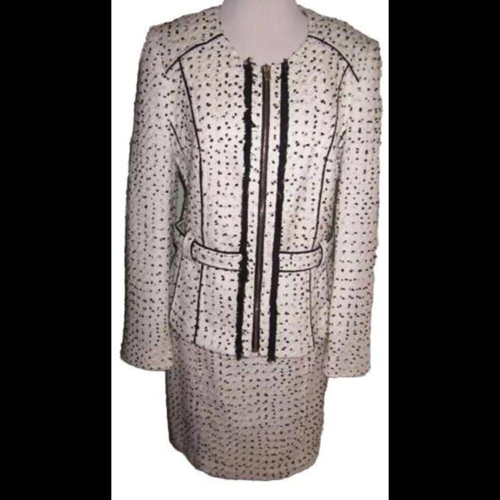 👠🧥🐩Cache White Black Textured Skirt Suit Jacket Blazer Size 12